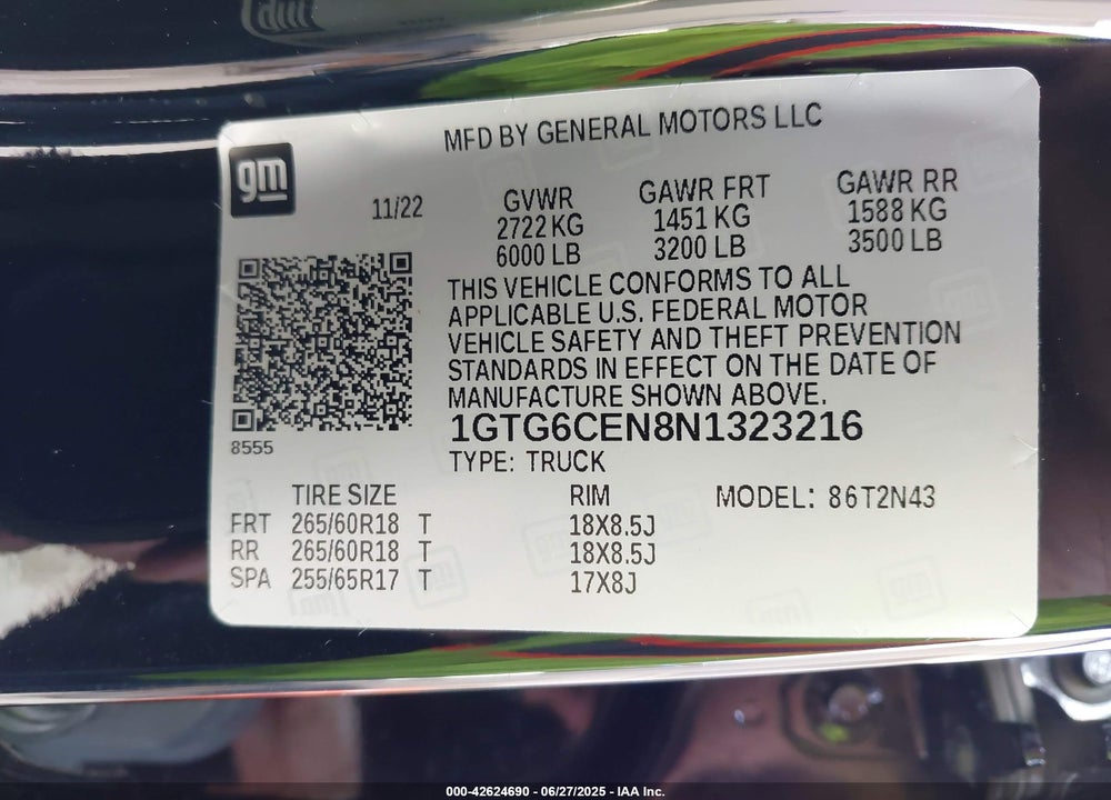 2022 GMC CANYON 4WD SHORT BOX ELEVATION VIN: 1GTG6CEN8N1323216