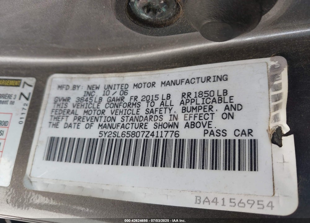 2007 PONTIAC VIBE VIN: 5Y2SL65807Z411776