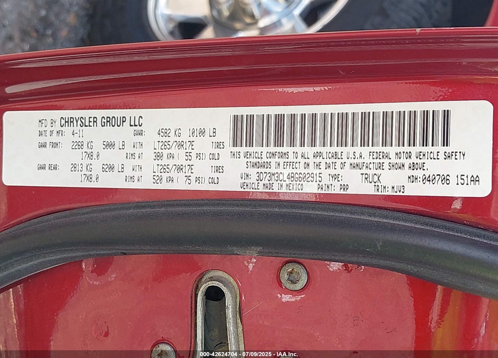 2011 RAM 3500 SLT VIN: 3D73M3CL4BG602915