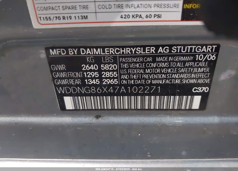 2007 MERCEDES-BENZ S CLASS VIN: WDDNG86X47A102271