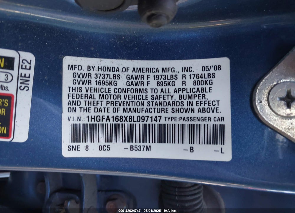 2008 HONDA CIVIC VIN: 1HGFA168X8L097147