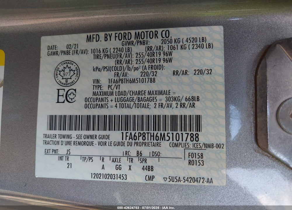 2021 FORD MUSTANG ECOBOOST VIN: 1FA6P8TH6M5101788