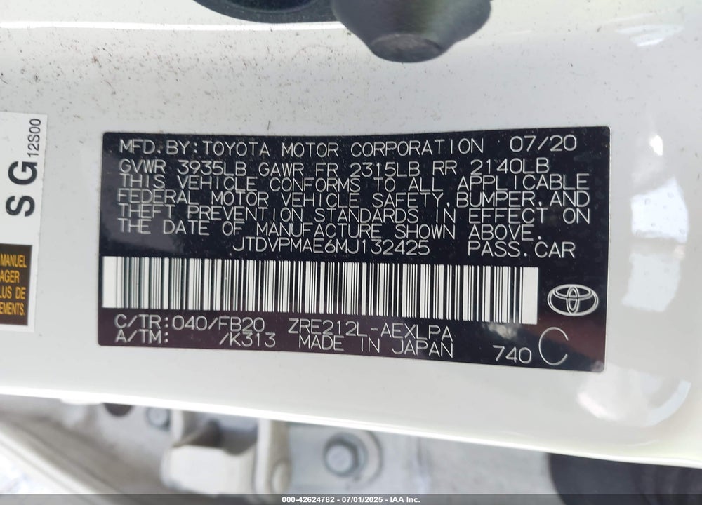 2021 TOYOTA COROLLA VIN: JTDVPMAE6MJ132425