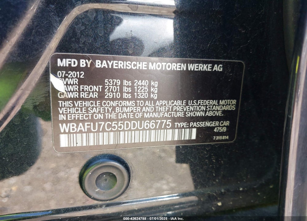 2013 BMW 5 SERIES VIN: WBAFU7C55DDU66775
