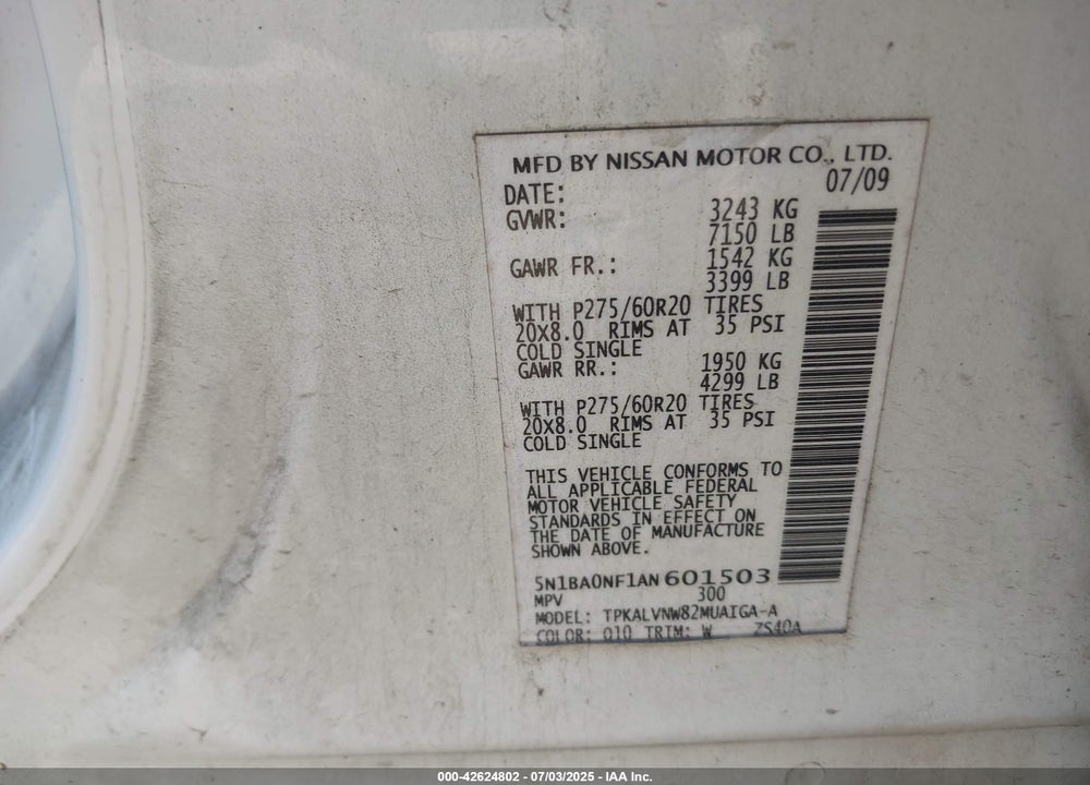 2010 NISSAN ARMADA VIN: 5N1BA0NF1AN601503