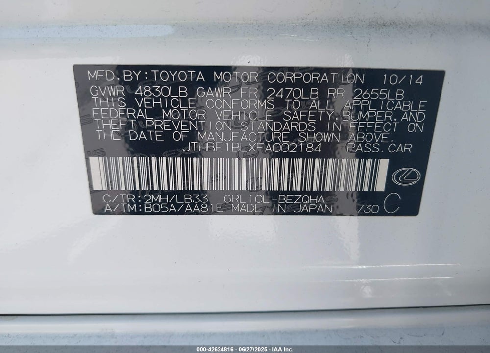 2015 LEXUS GS 350 VIN: JTHBE1BLXFA002184