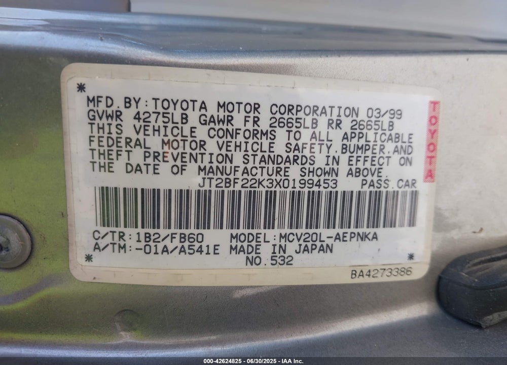 1999 TOYOTA CAMRY LE V6 VIN: JT2BF22K3X0199453
