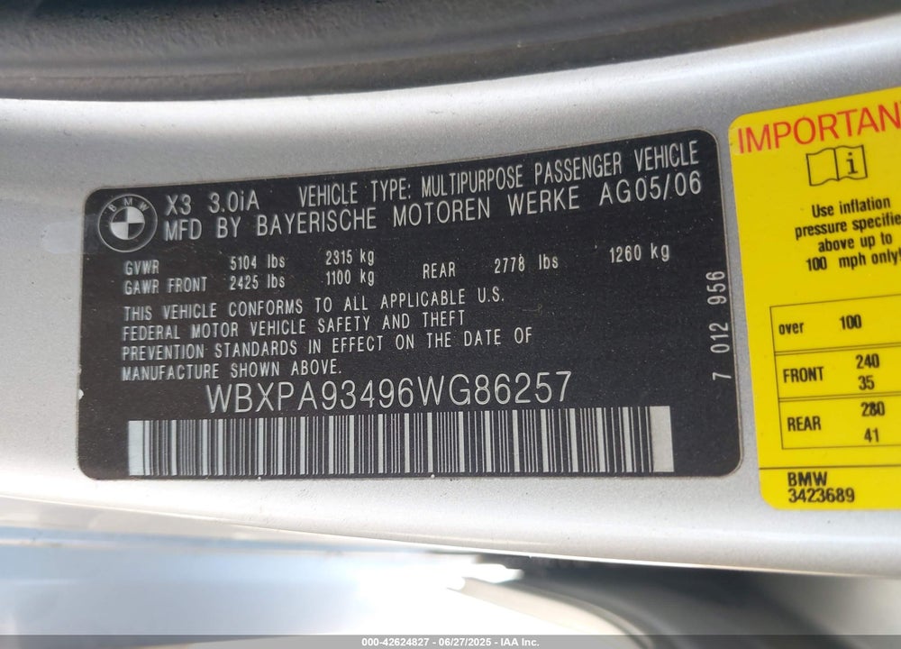 2006 BMW X3 3.0I VIN: WBXPA93496WG86257