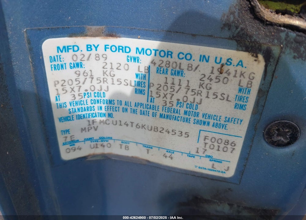 1989 FORD BRONCO II VIN: 1FMCU14T6KUB24535