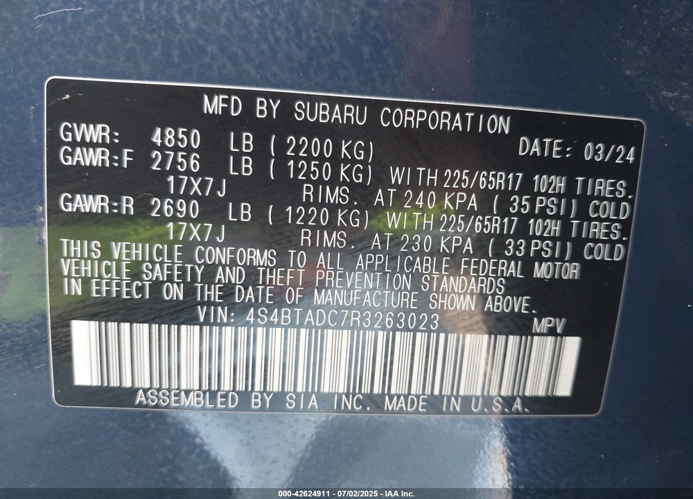 2024 SUBARU OUTBACK VIN: 4S4BTADC7R3263023