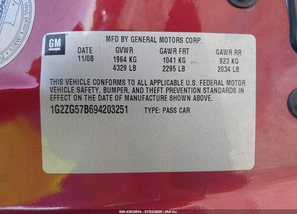2009 PONTIAC G6 VIN: 1G2ZG57B694203251