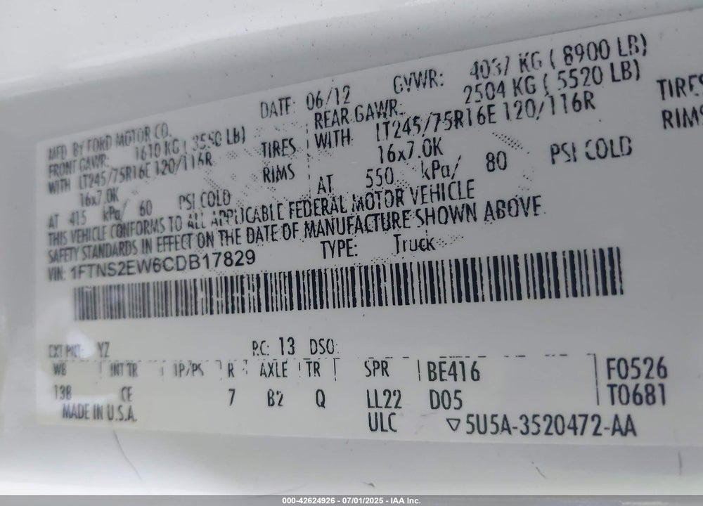 2012 FORD E-250 COMMERCIAL VIN: 1FTNS2EW6CDB17829