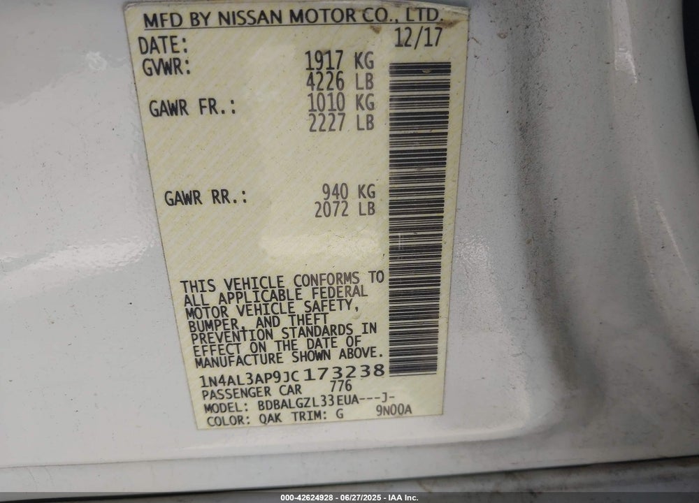 2018 NISSAN ALTIMA VIN: 1N4AL3AP9JC173238