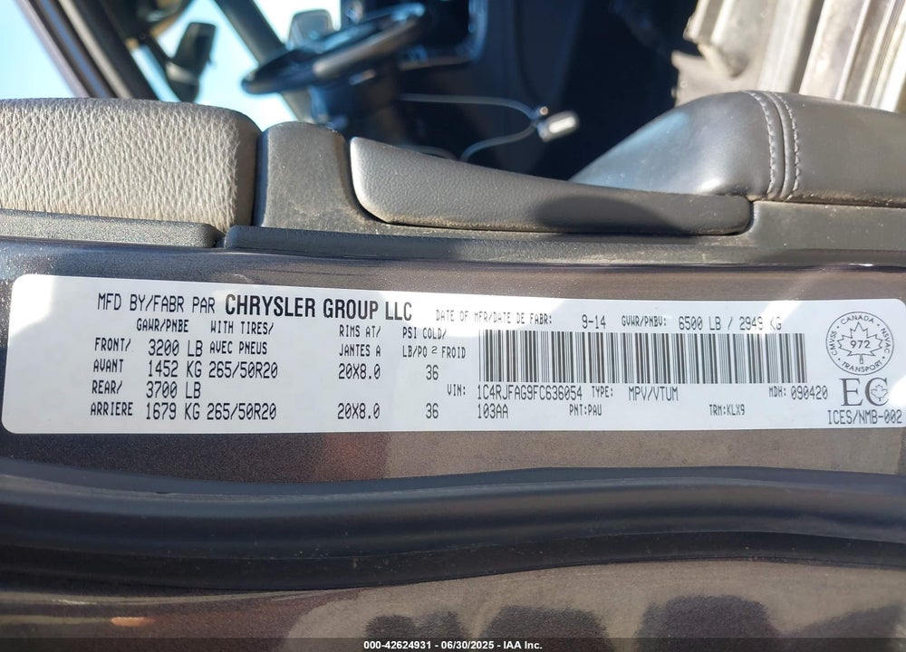 2015 JEEP GRAND CHEROKEE VIN: 1C4RJFAG9FC636054