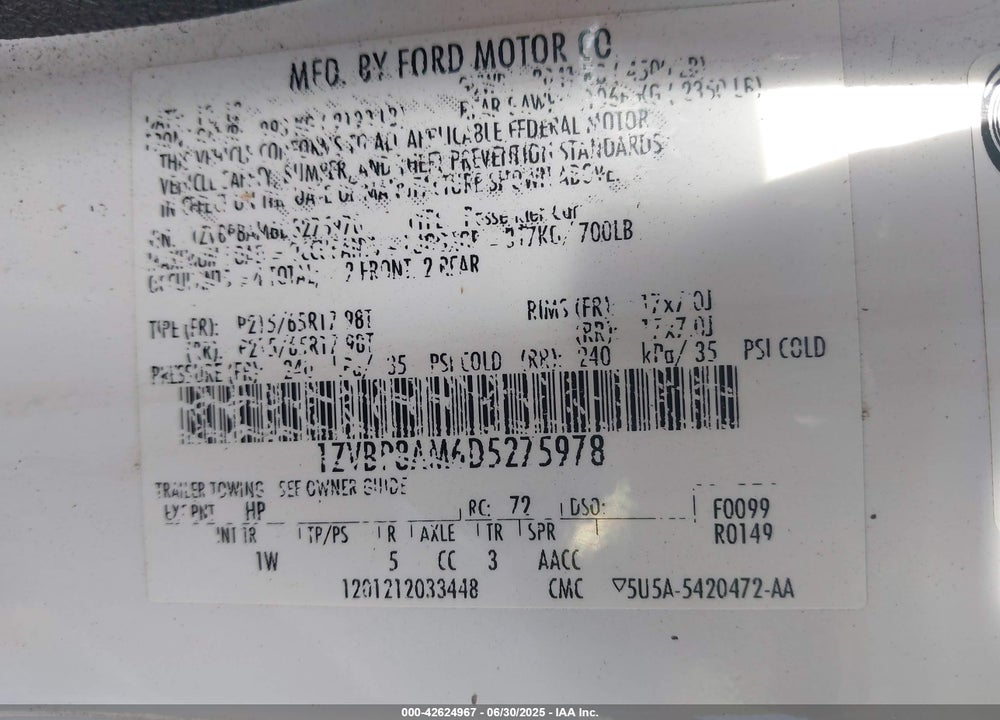 2013 FORD MUSTANG V6 VIN: 1ZVBP8AM6D5275978