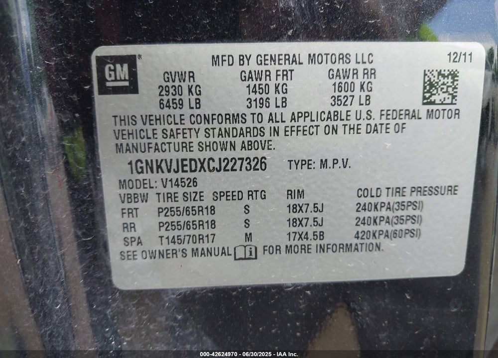 2012 CHEVROLET TRAVERSE VIN: 1GNKVJEDXCJ227326