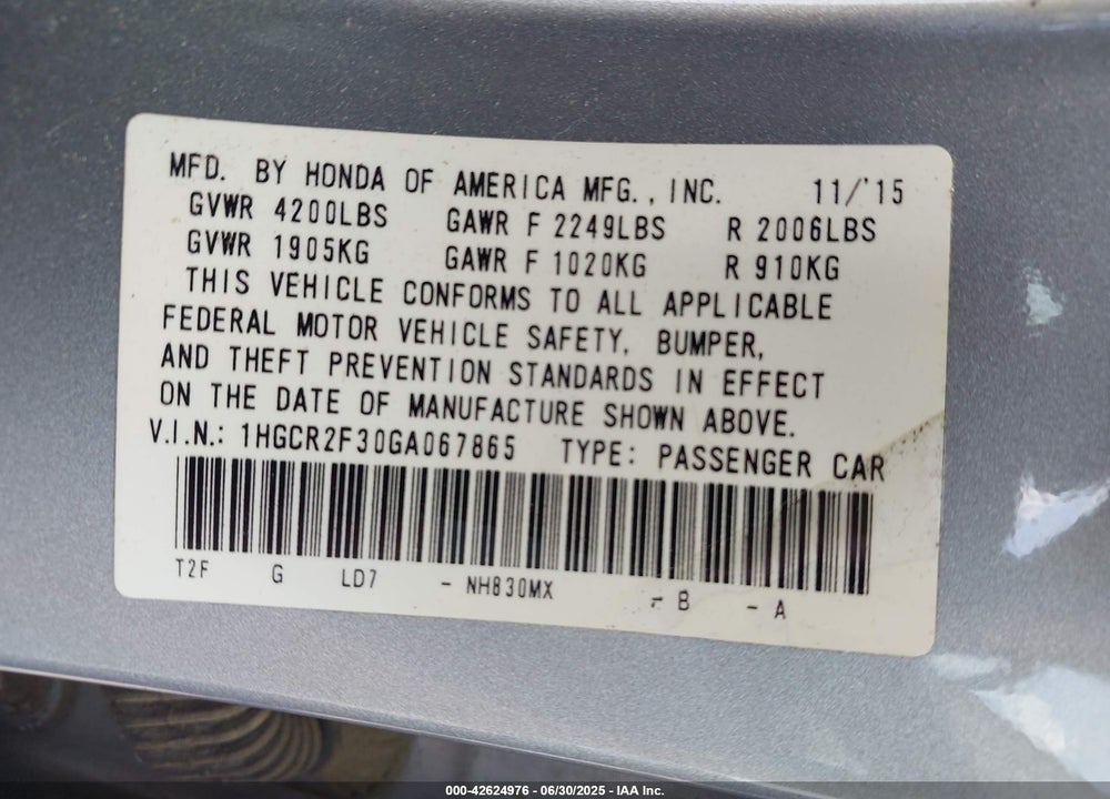 2016 HONDA ACCORD VIN: 1HGCR2F30GA067865
