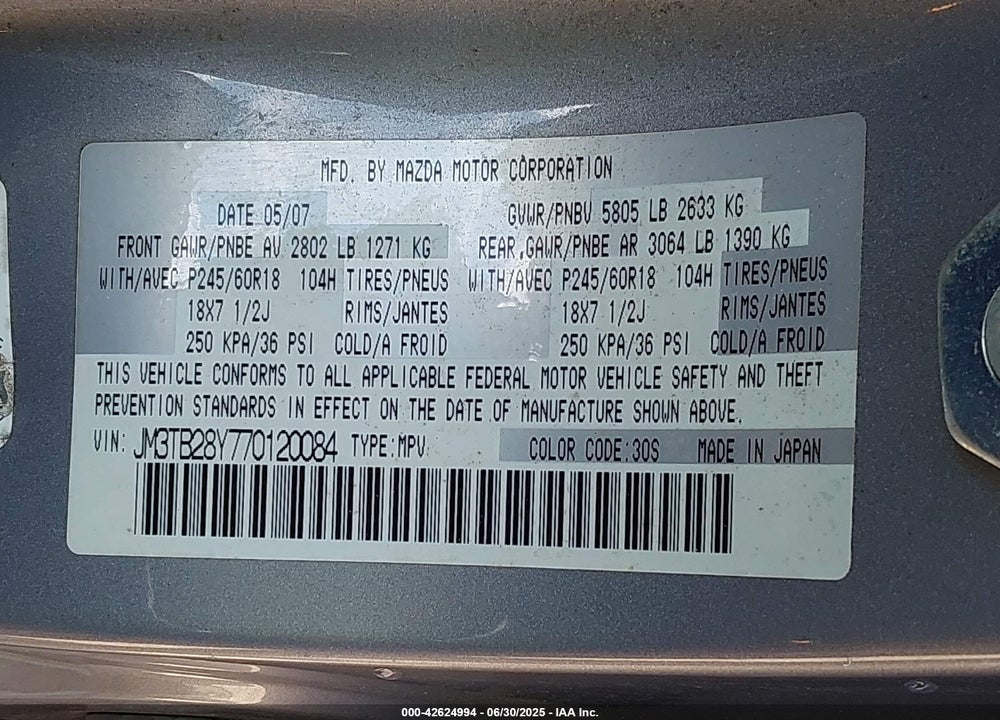2007 MAZDA CX-9 VIN: JM3TB28Y770120084