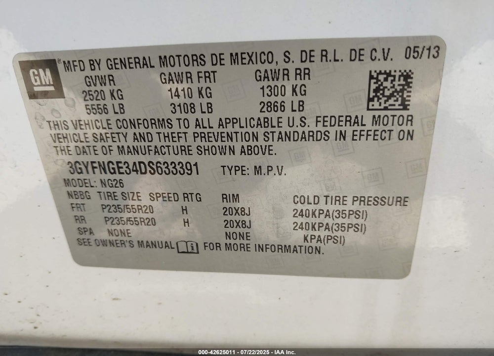 2013 CADILLAC SRX VIN: 3GYFNGE34DS633391