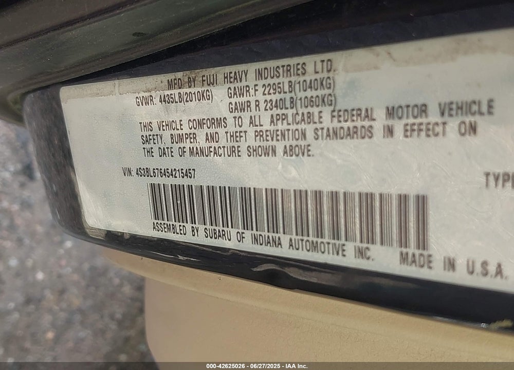 2005 SUBARU LEGACY 2.5GT LIMITED VIN: 4S3BL676454215457