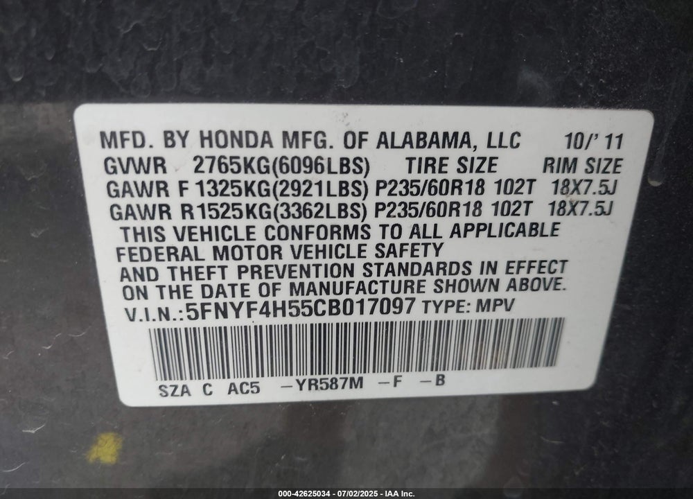 2012 HONDA PILOT VIN: 5FNYF4H55CB017097