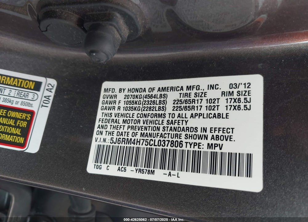 2012 HONDA CR-V VIN: 5J6RM4H75CL037806