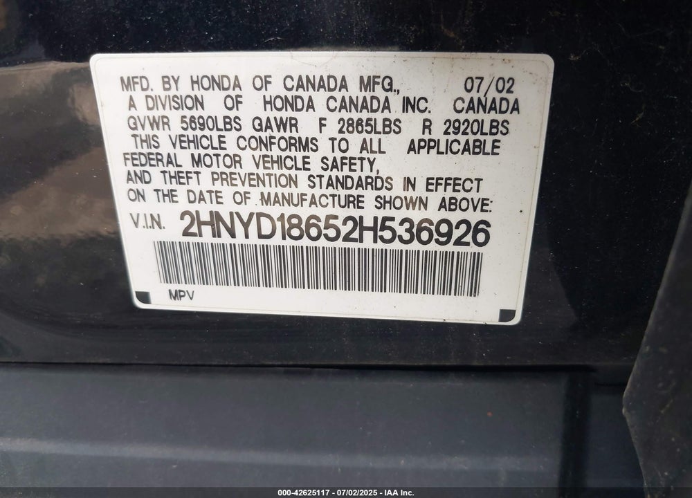 2002 ACURA MDX VIN: 2HNYD18652H536926