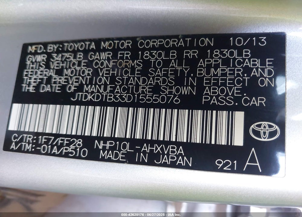 2013 TOYOTA PRIUS C VIN: JTDKDTB33D1555076