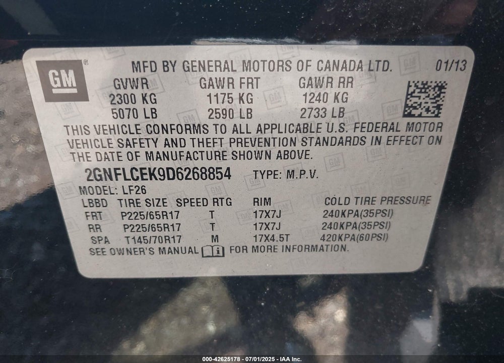 2013 CHEVROLET EQUINOX VIN: 2GNFLCEK9D6268854