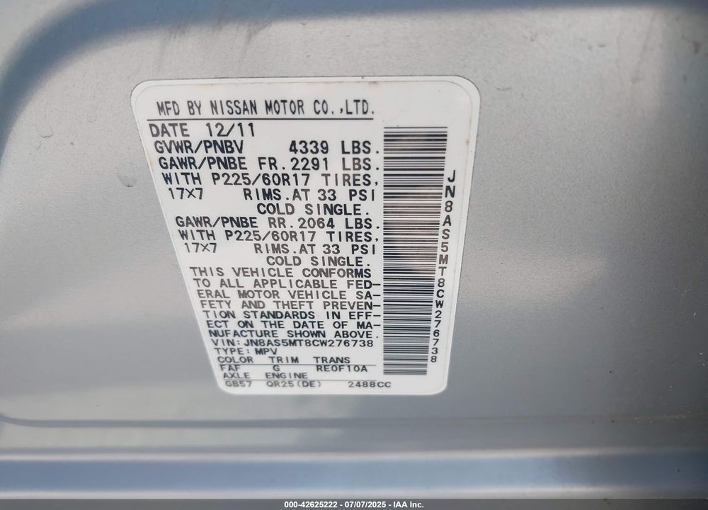 2012 NISSAN ROGUE VIN: JN8AS5MT8CW276738