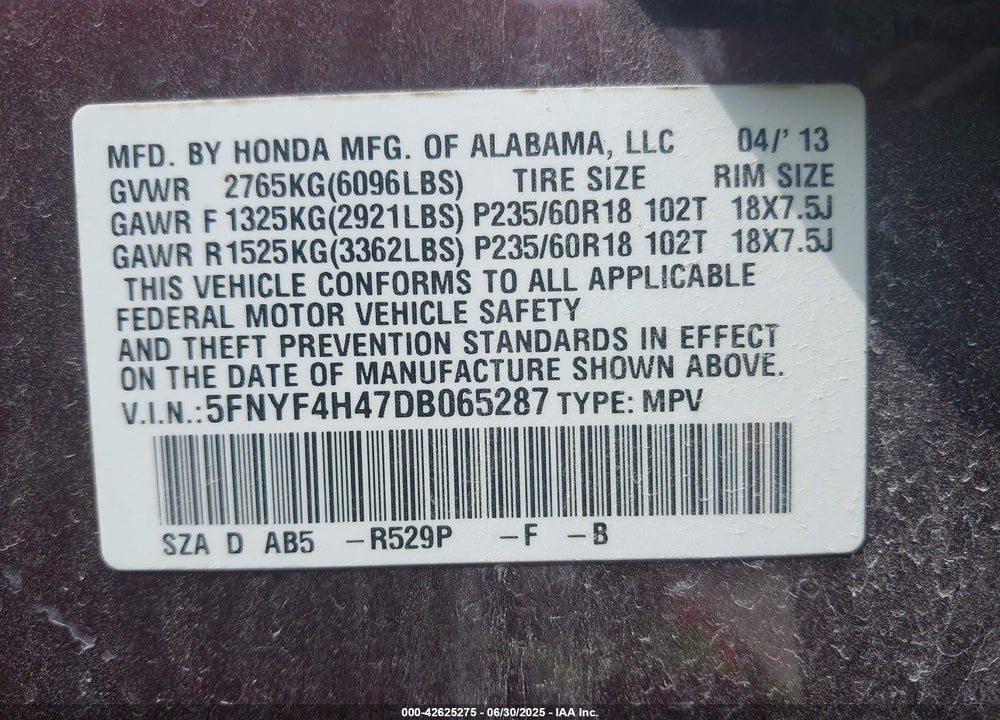 2013 HONDA PILOT VIN: 5FNYF4H47DB065287