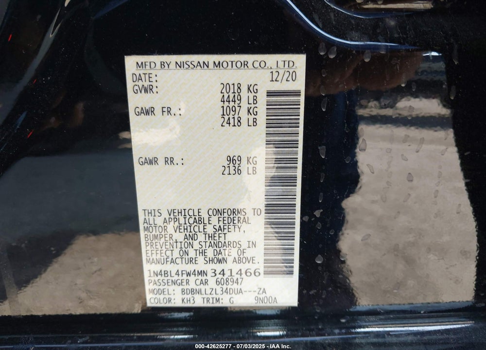 2021 NISSAN ALTIMA VIN: 1N4BL4FW4MN341466
