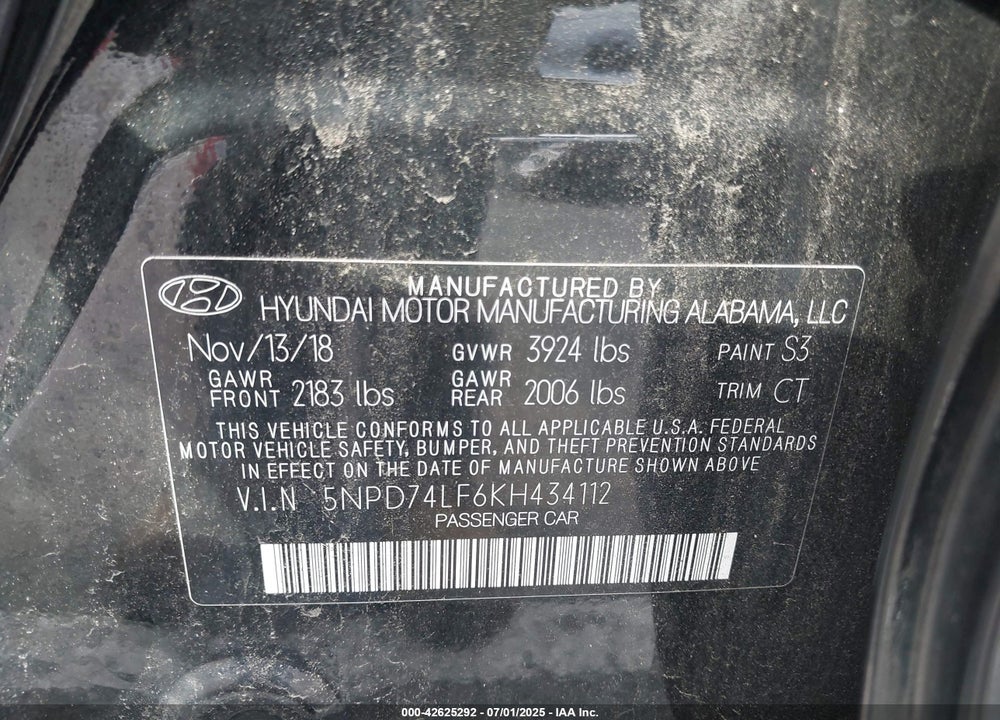 2019 HYUNDAI ELANTRA SE VIN: 5NPD74LF6KH434112