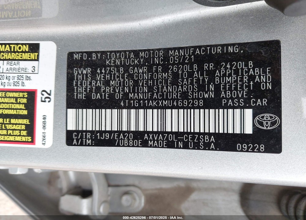 2021 TOYOTA CAMRY SE VIN: 4T1G11AKXMU469298