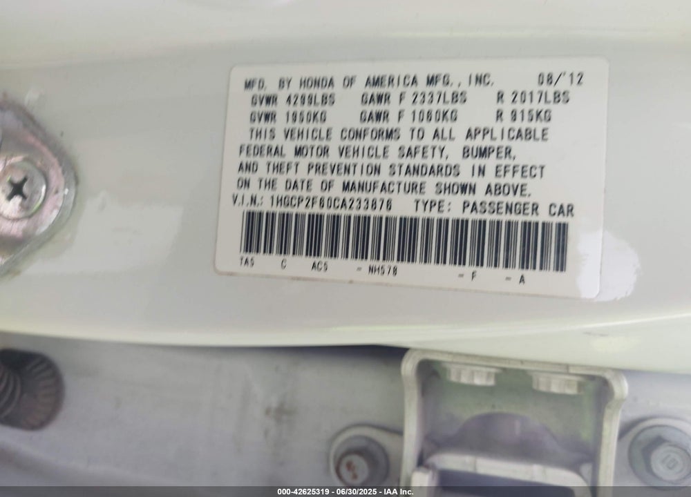 2012 HONDA ACCORD 2.4 SE VIN: 1HGCP2F60CA233876