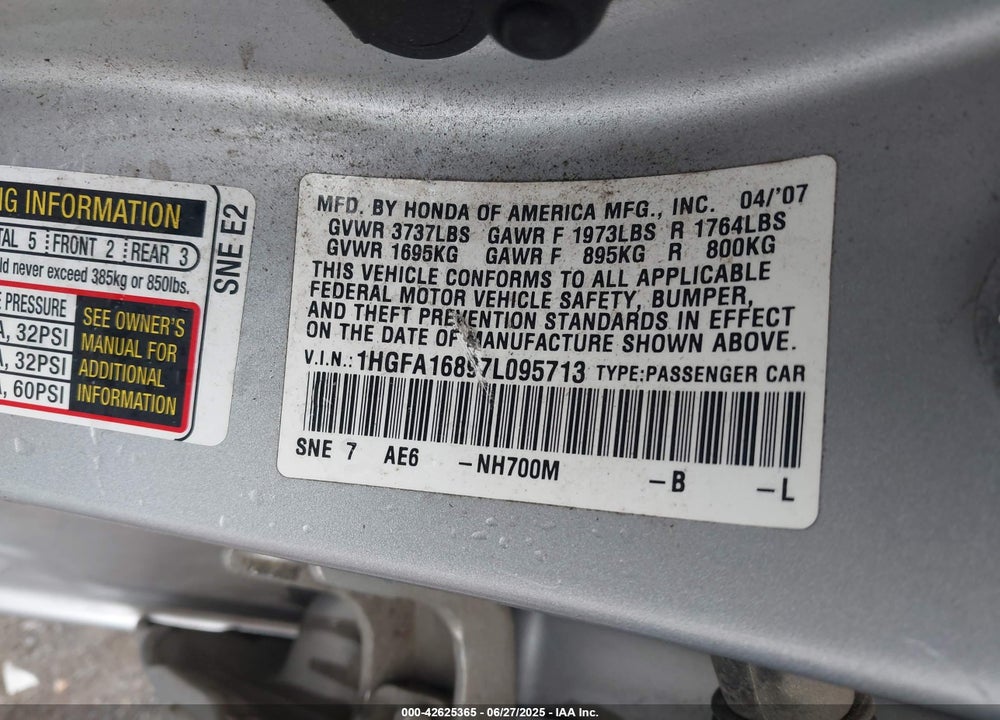 2007 HONDA CIVIC EX VIN: 1HGFA16897L095713