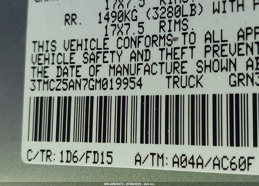 2016 TOYOTA TACOMA VIN: 3TMCZ5AN7GM019954