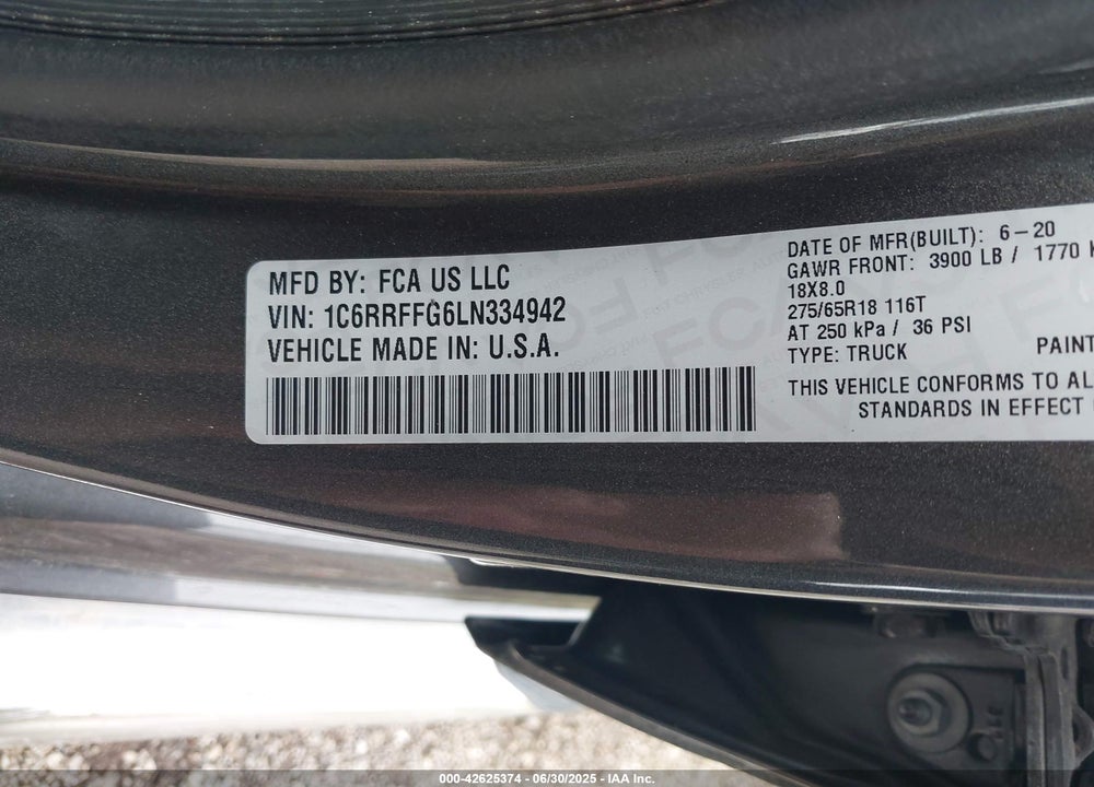 2020 RAM 1500 VIN: 1C6RRFFG6LN334942