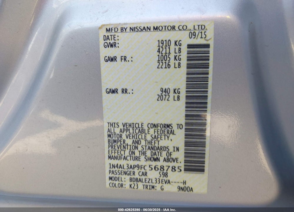 2015 NISSAN ALTIMA VIN: 1N4AL3AP9FC568785