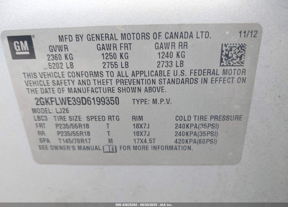 2013 GMC TERRAIN VIN: 2GKFLWE39D6199350