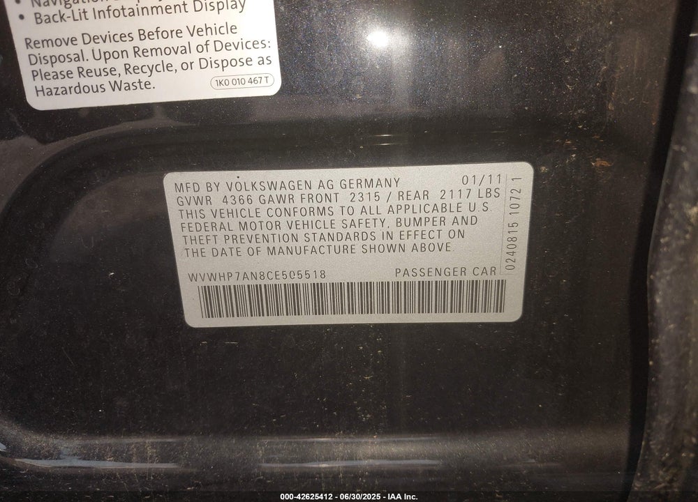 2012 VOLKSWAGEN CC VIN: WVWHP7AN8CE505518