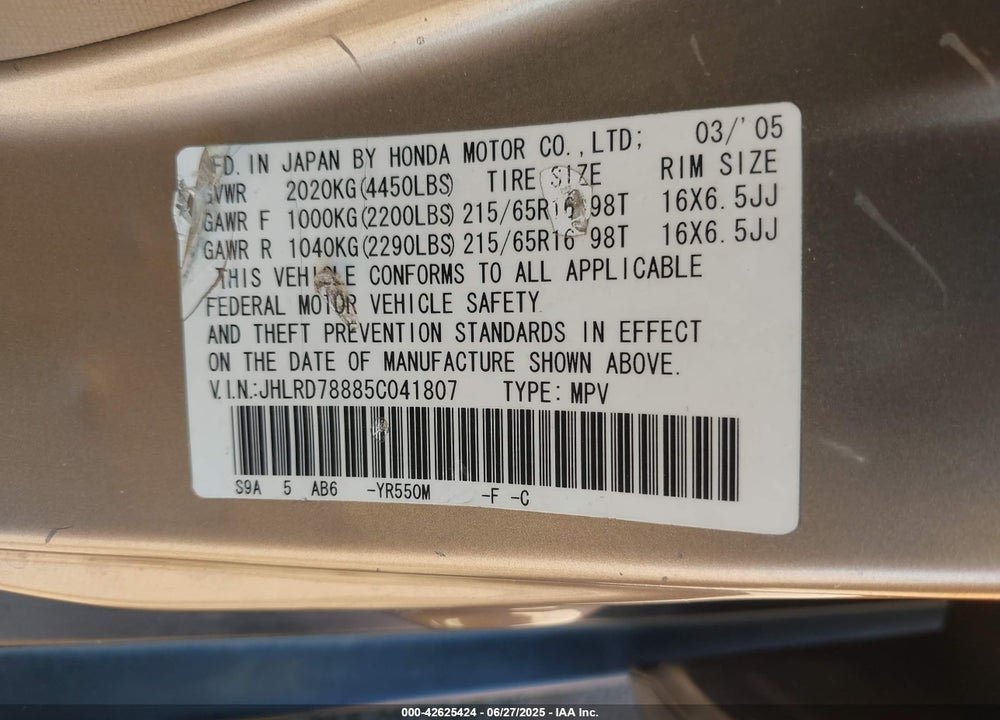 2005 HONDA CR-V EX VIN: JHLRD78885C041807