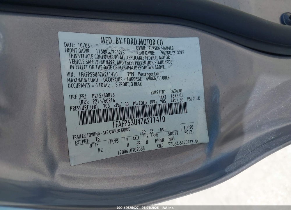 2007 FORD TAURUS VIN: 1FAFP53U47A211410
