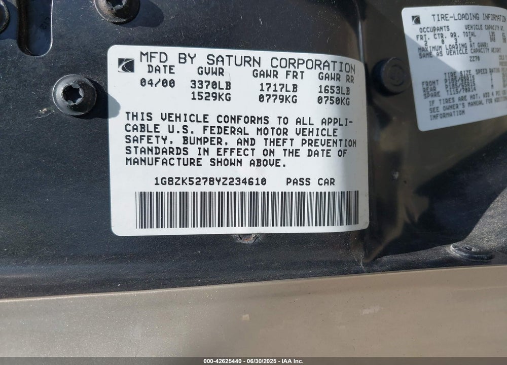 2000 SATURN SL2 VIN: 1G8ZK5278YZ234610