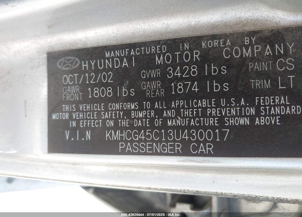 2003 HYUNDAI ACCENT GL VIN: KMHCG45C13U430017