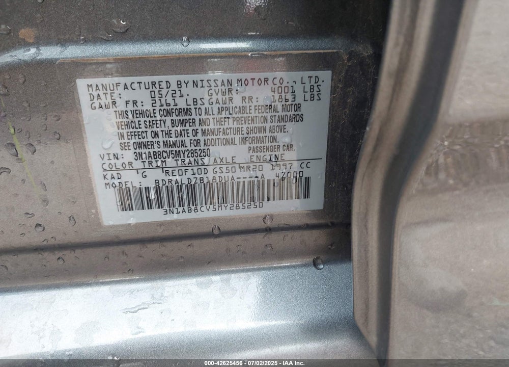 2021 NISSAN SENTRA VIN: 3N1AB8CV5MY285250