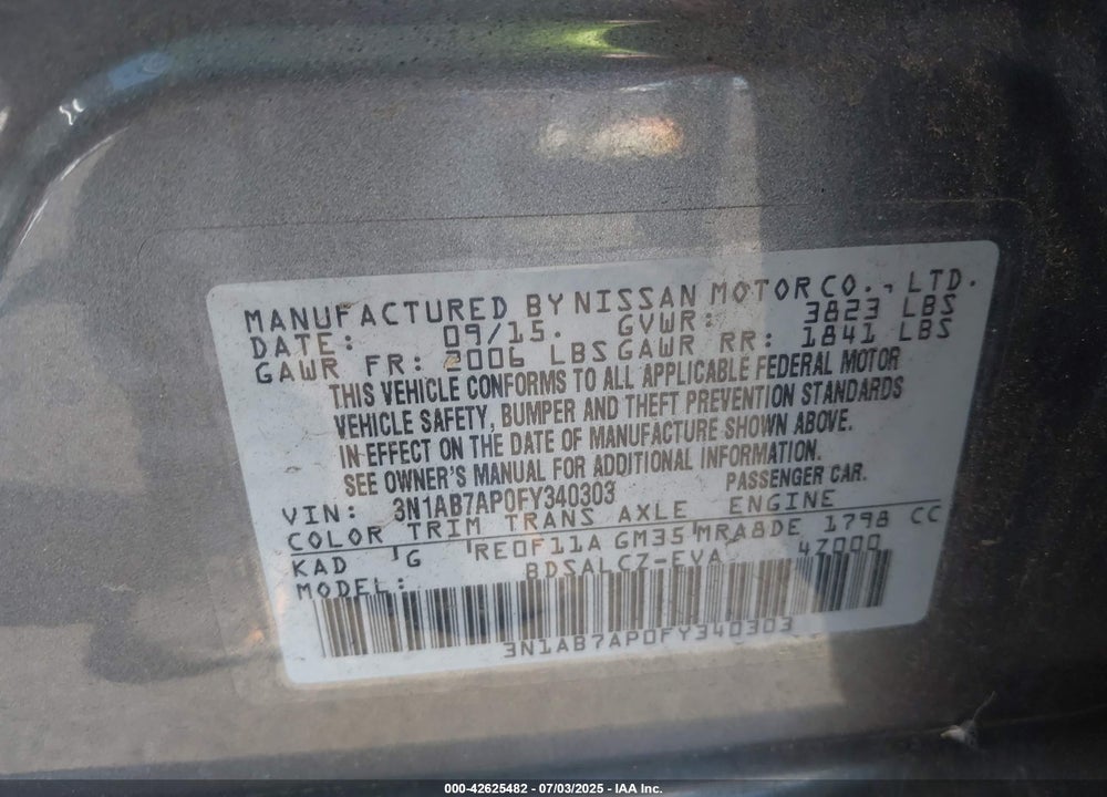 2015 NISSAN SENTRA VIN: 3N1AB7AP0FY340303
