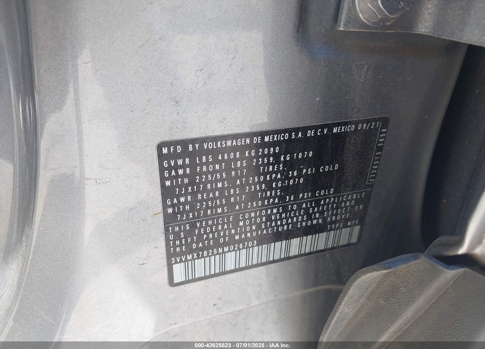 2022 VOLKSWAGEN TAOS VIN: 3VVMX7B25NM026703