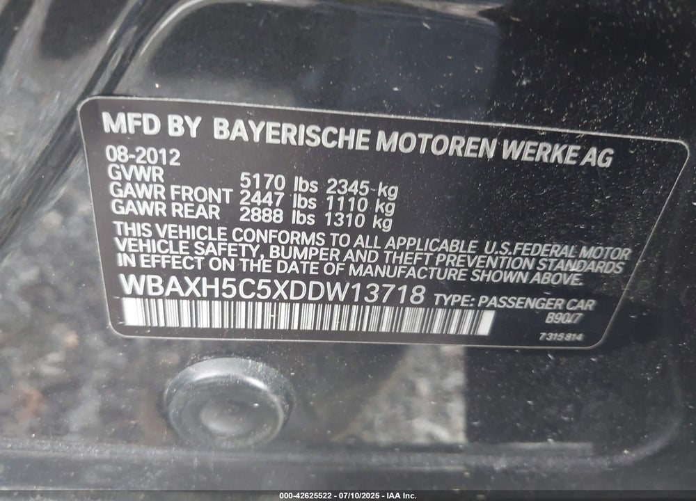 2013 BMW 5 SERIES VIN: WBAXH5C5XDDW13718