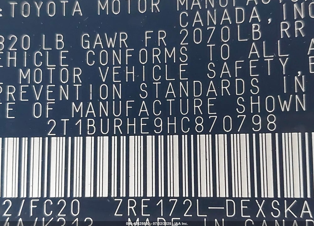 2017 TOYOTA COROLLA VIN: 2T1BURHE9HC870798